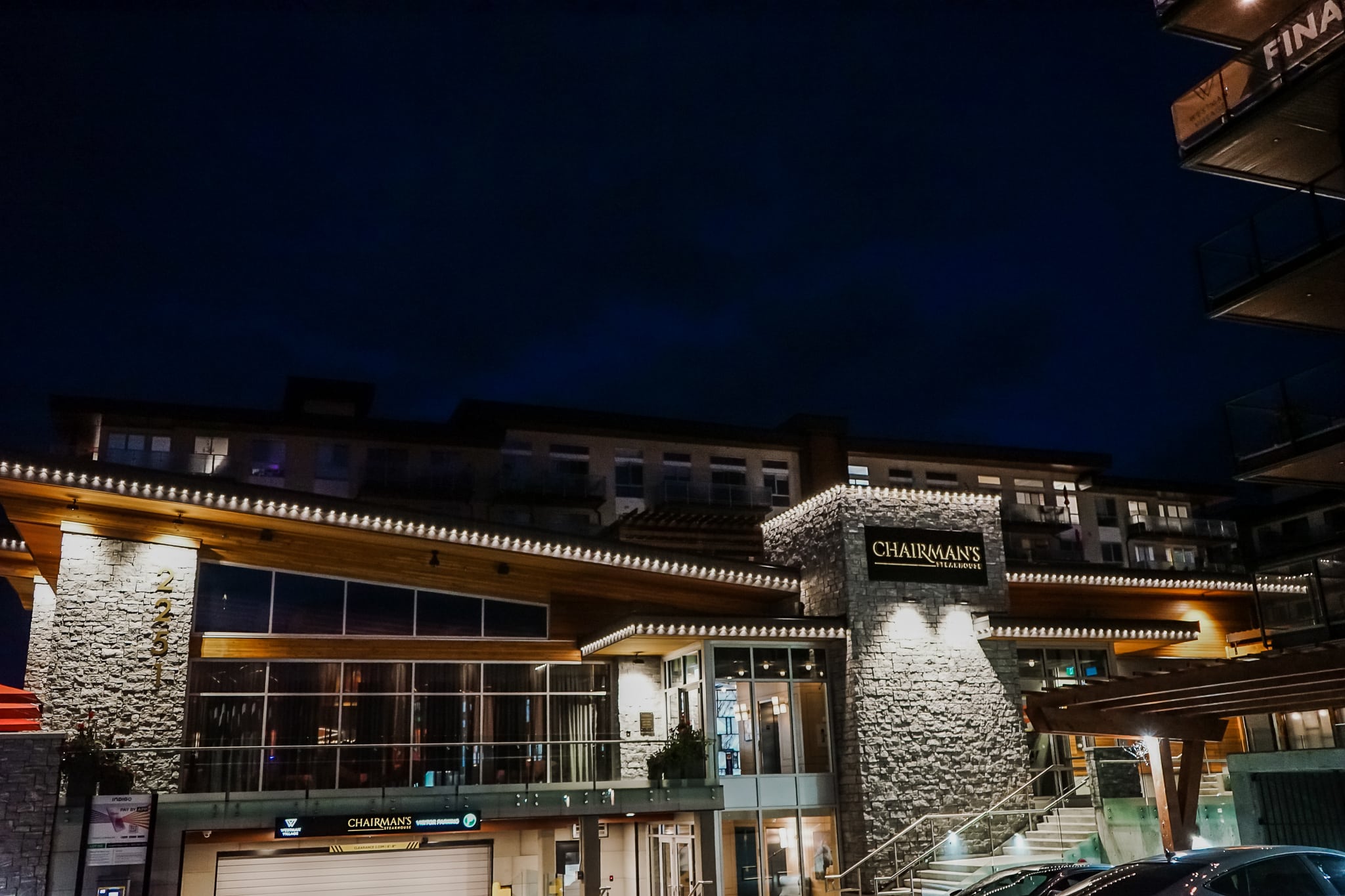 Chairman's lit at night