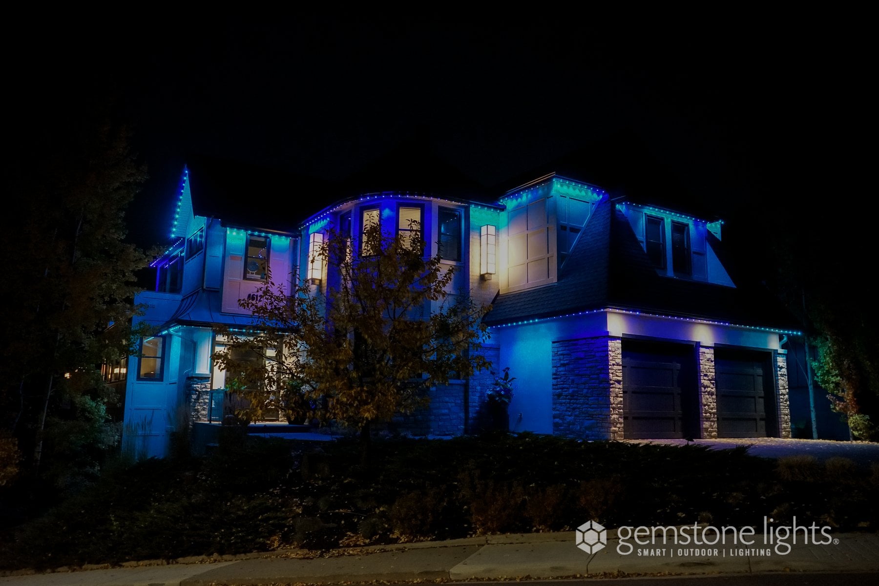 Color Gemstone lights on a modern house