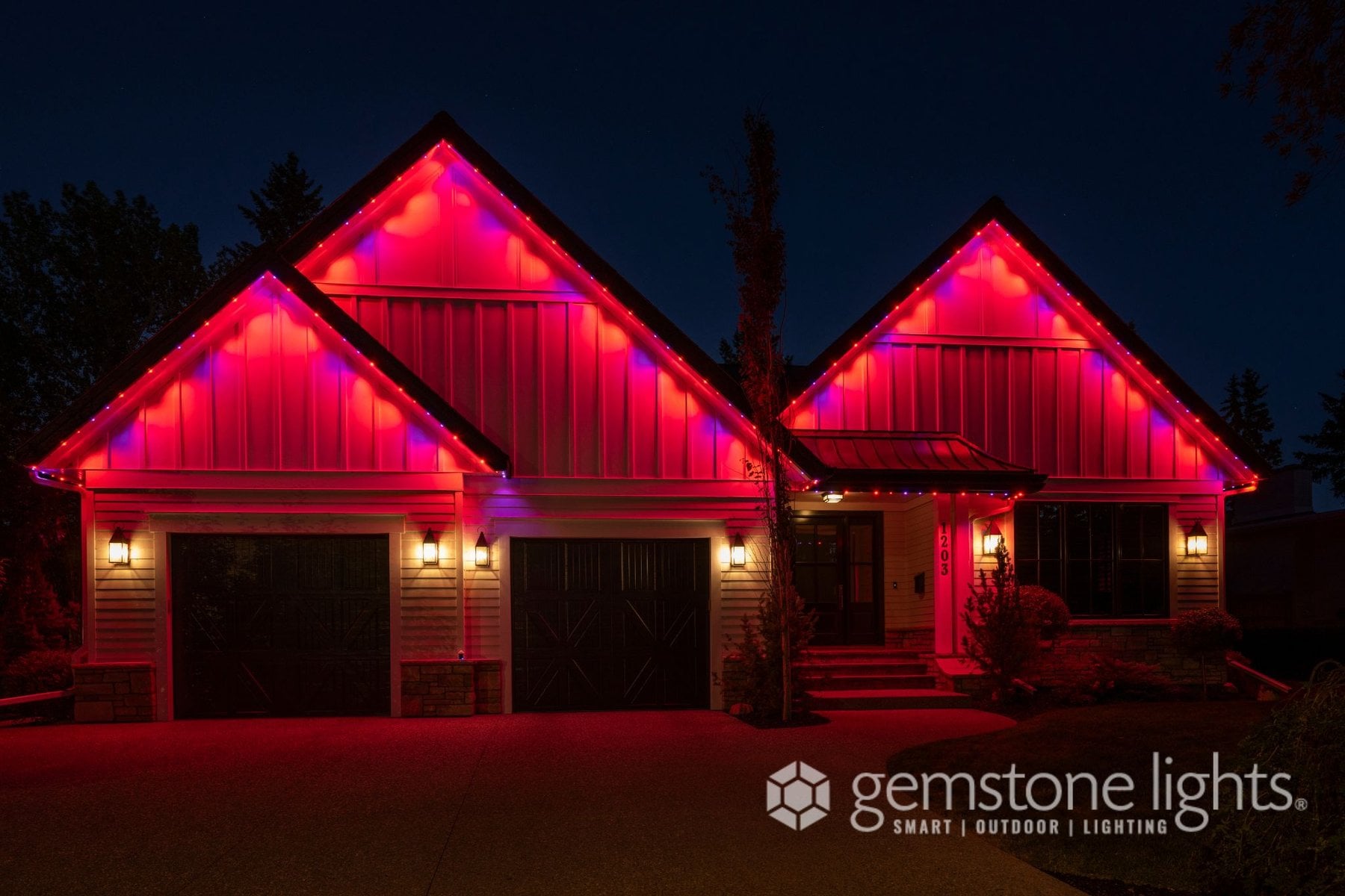 Color Gemstone lights on a farmhouse